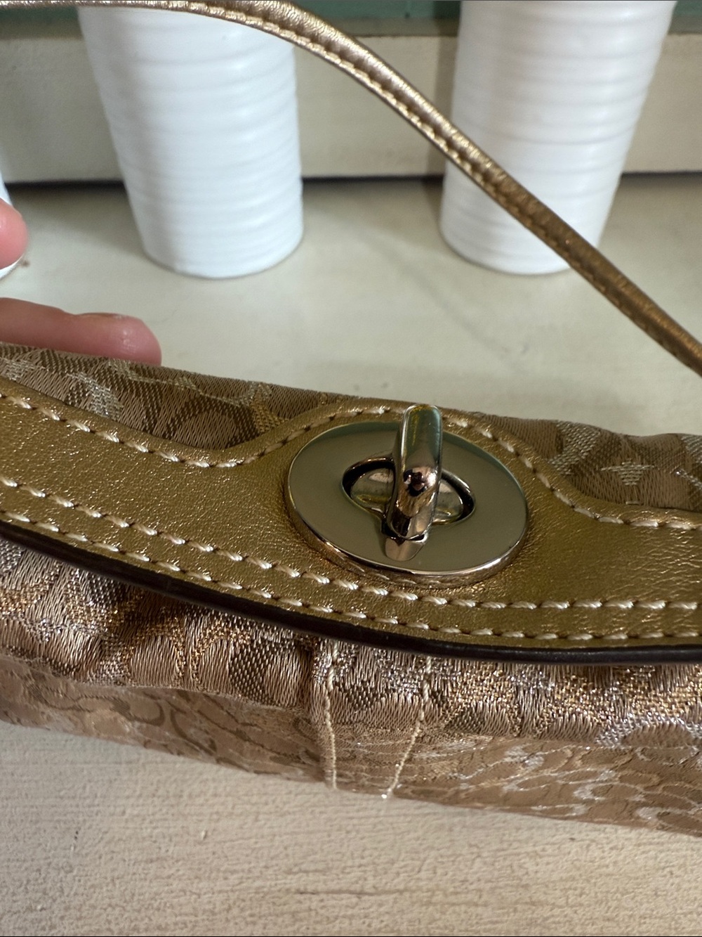 Coach y2k Gold Signature Jacquard Shoulder Bag with Floral Charm - Picture 10 of 14